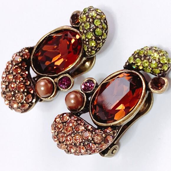 Signed Heidi Daus Swarovski Crystal Clip-On Earrings Topaz Cluster Rhinestones - Picture 3 of 13